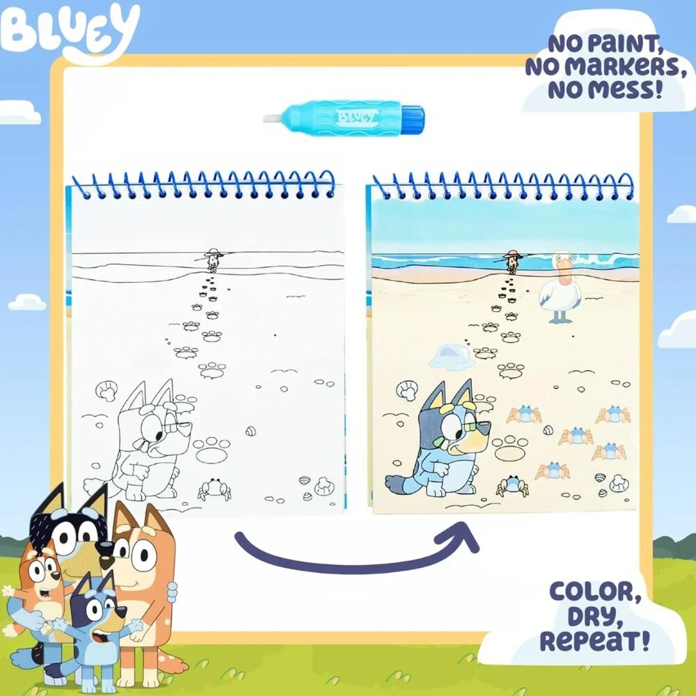 Bluey Aqua Art - Reusable Water Reveal Activity Pages With Water Pen for No-Mess